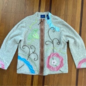 Vintage JH Collectibles art-wear boucle floral zip-up sweater XL brown EUC